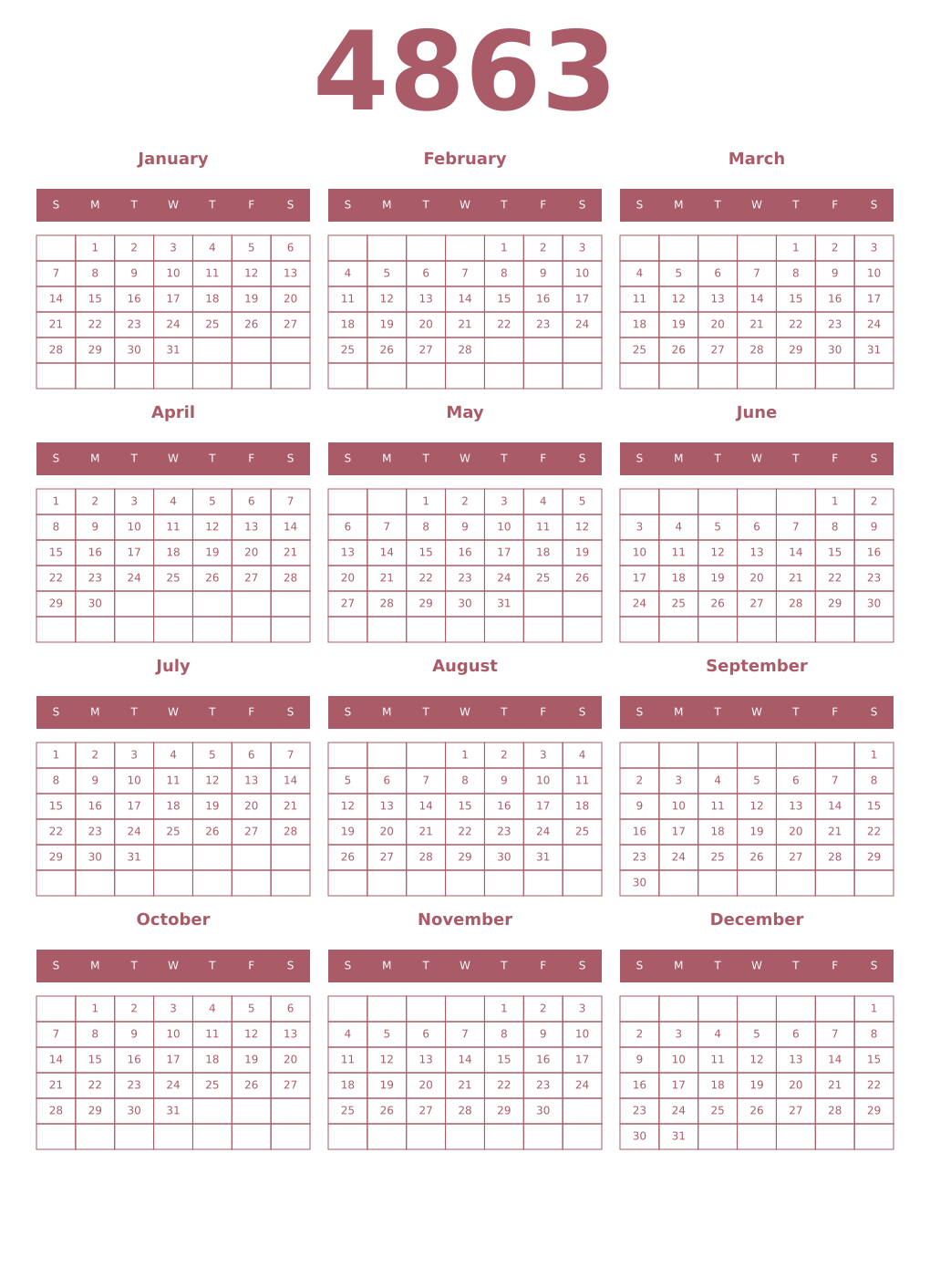 Printable 4863 Year Calendars puce
