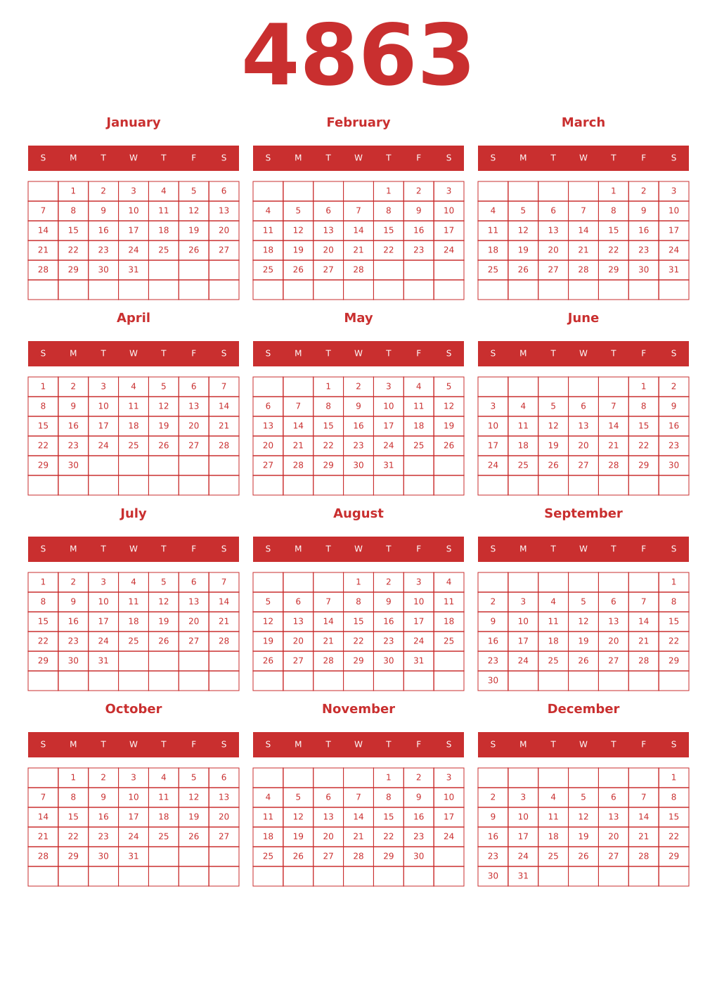 Printable 4863 Year Calendars red