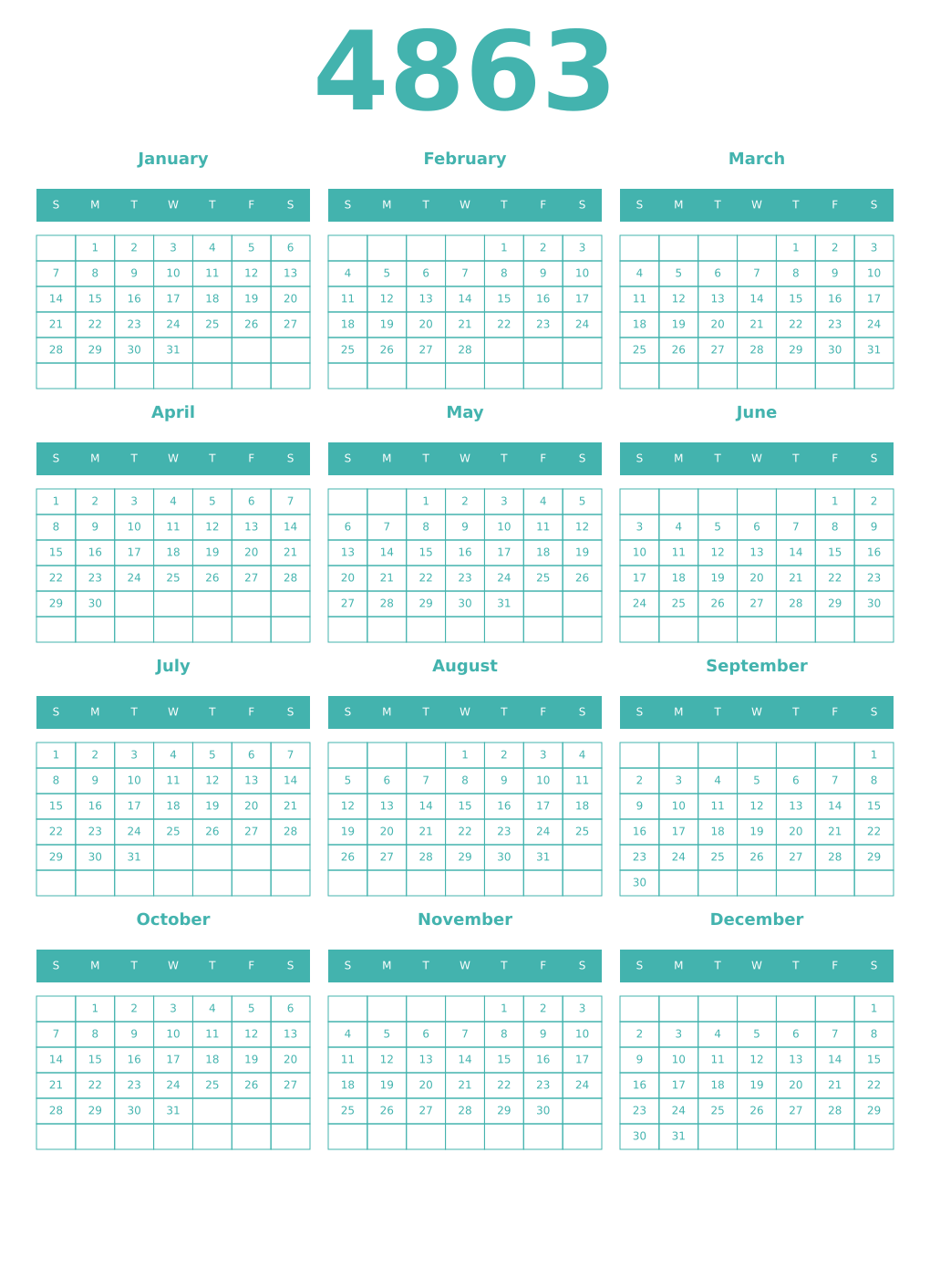 Printable 4863 Year Calendars verdigris