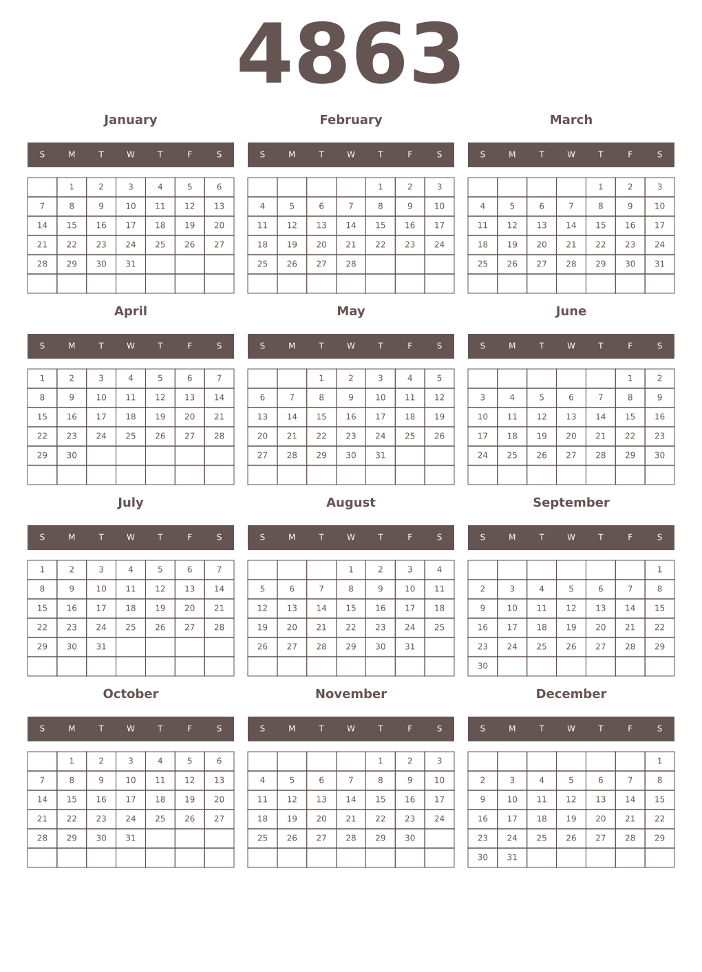 Printable 4863 Year Calendars wenge