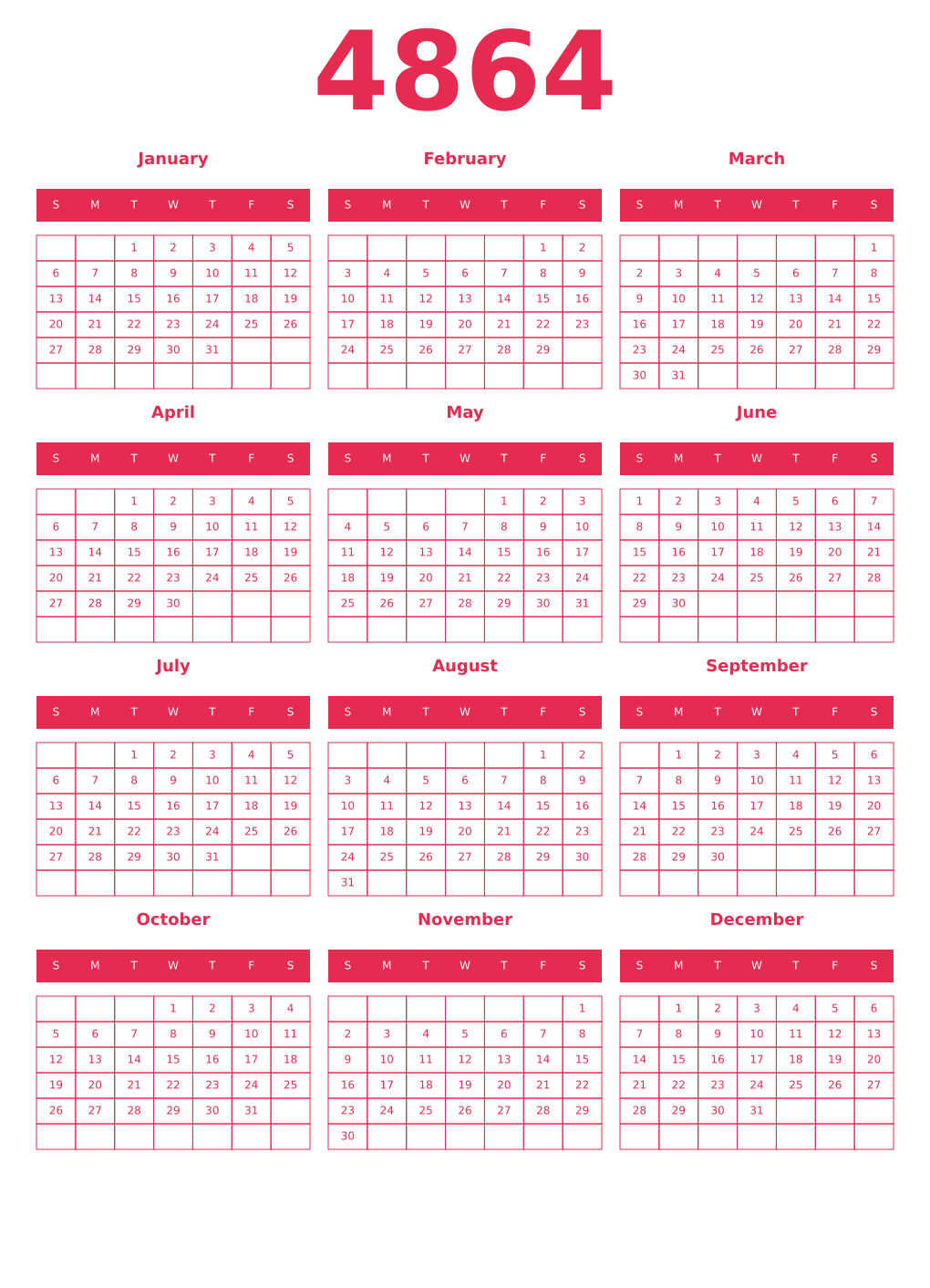 Printable 4864 Year Calendars amaranth