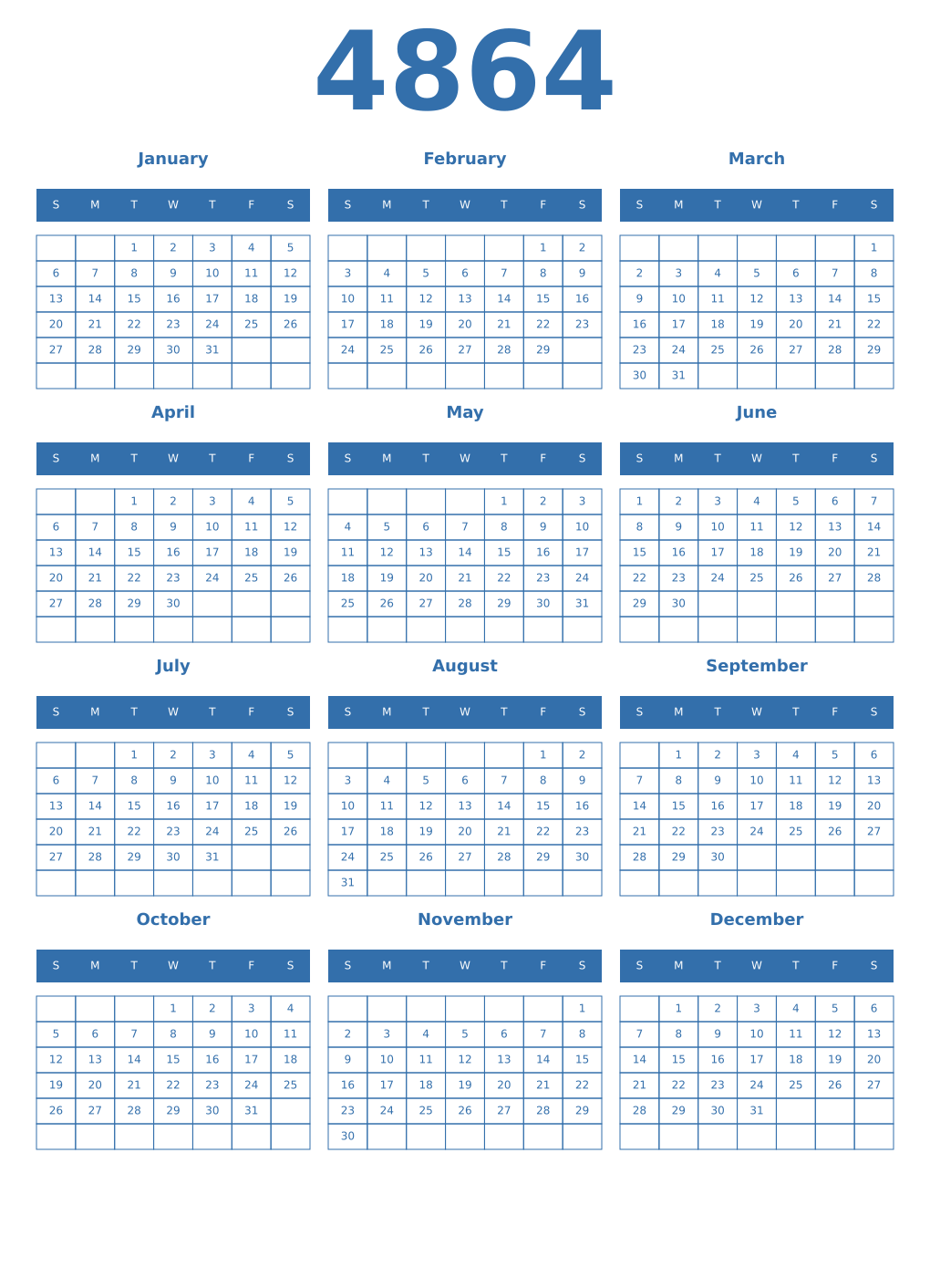 Printable 4864 Year Calendars blue