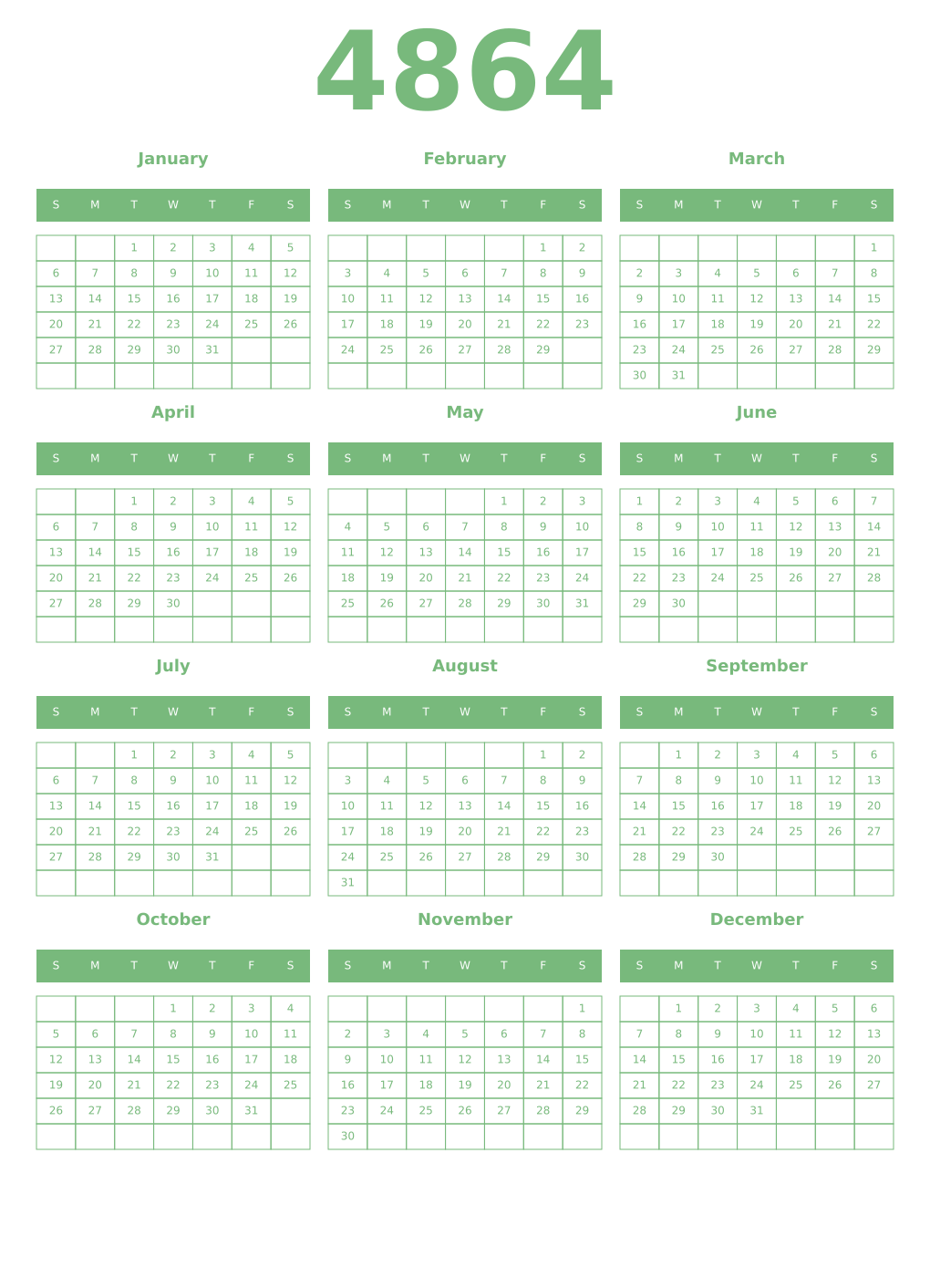 Printable 4864 Year Calendars celadon