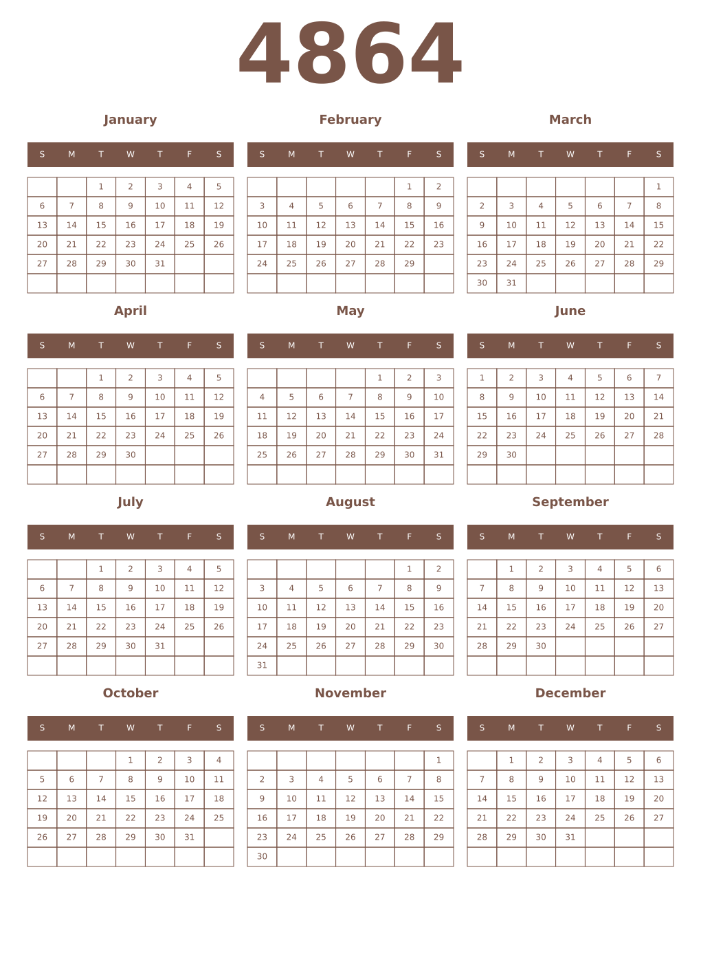 Printable 4864 Year Calendars coffe