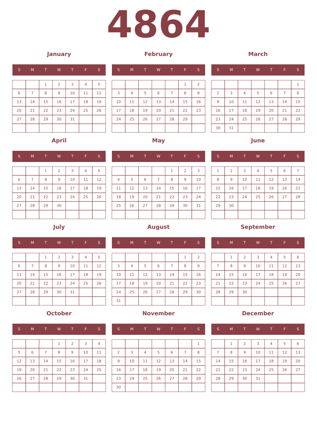 Printable 4864 Year Calendars cordovan