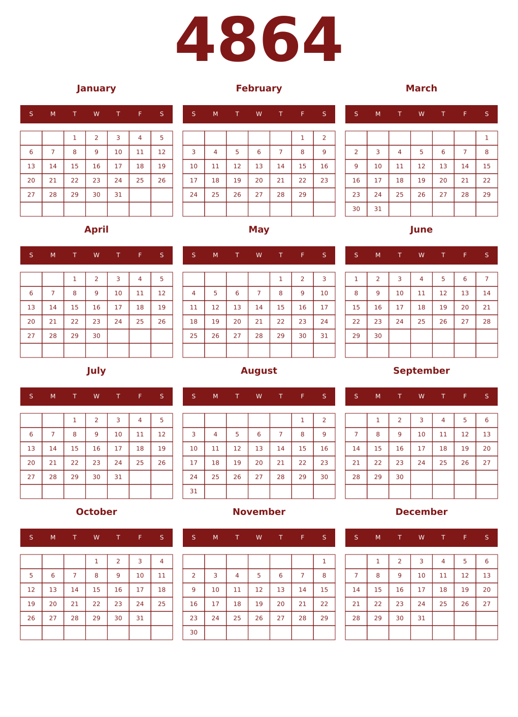 Printable 4864 Year Calendars falu