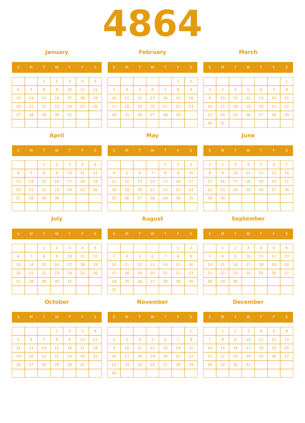 Printable 4864 Year Calendars gamboge
