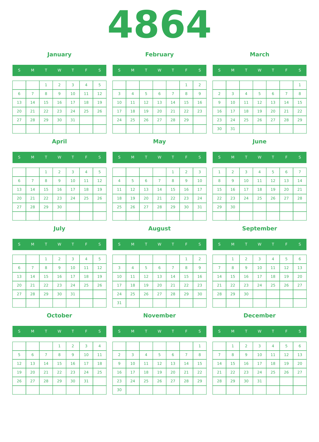 Printable 4864 Year Calendars green