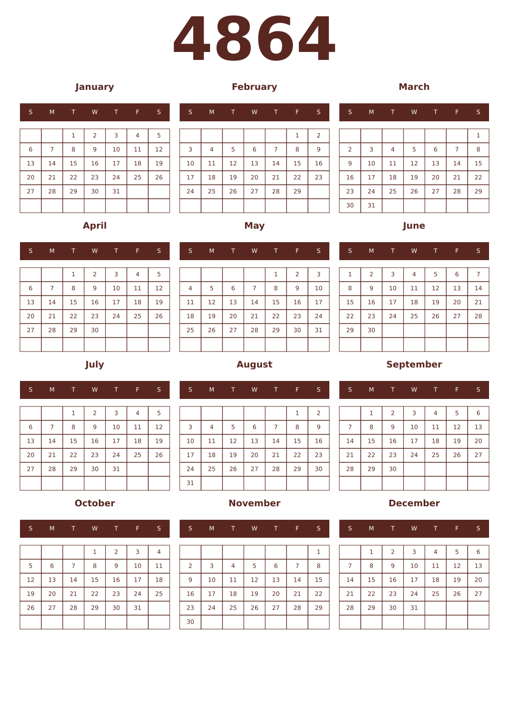 Printable 4864 Year Calendars mortuum