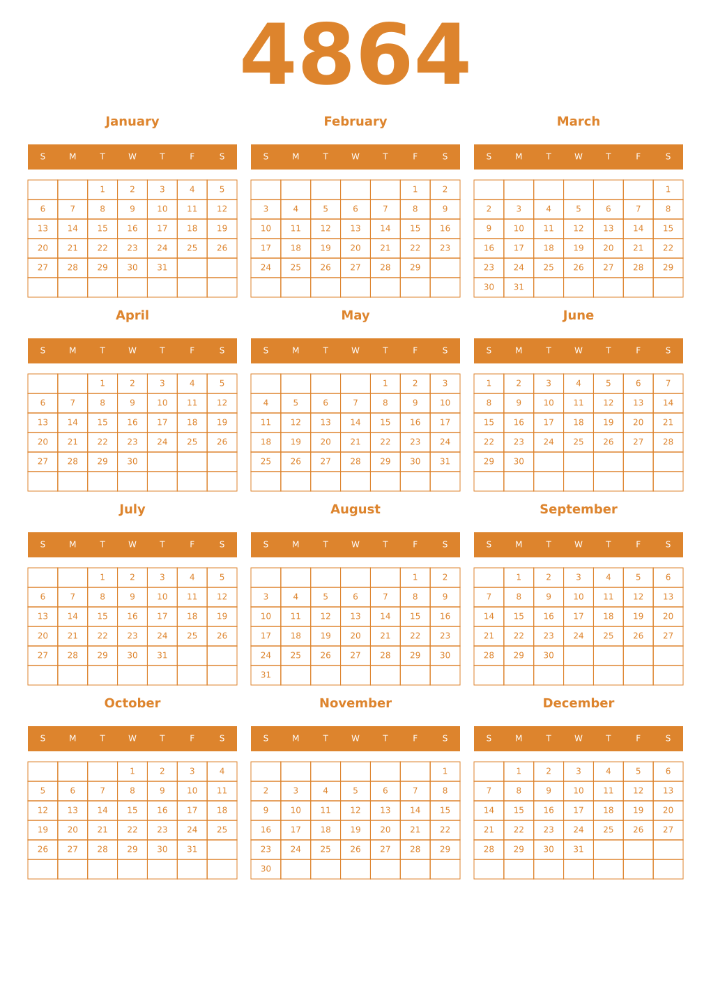 Printable 4864 Year Calendars orange