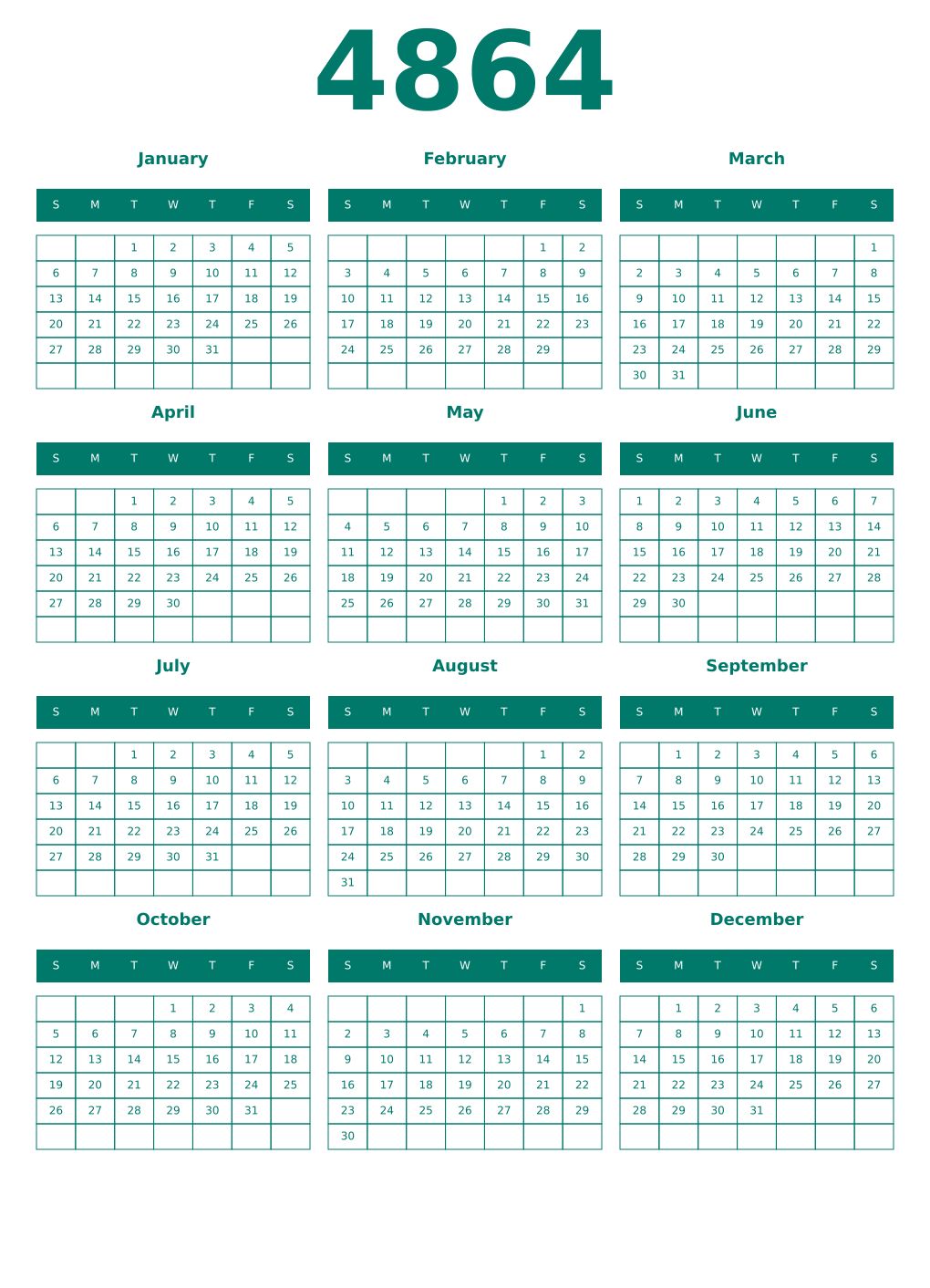 Printable 4864 Year Calendars pastel