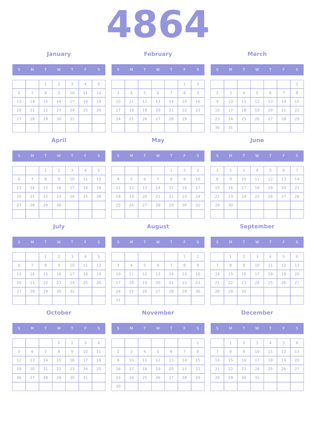 Printable 4864 Year Calendars periwinkle