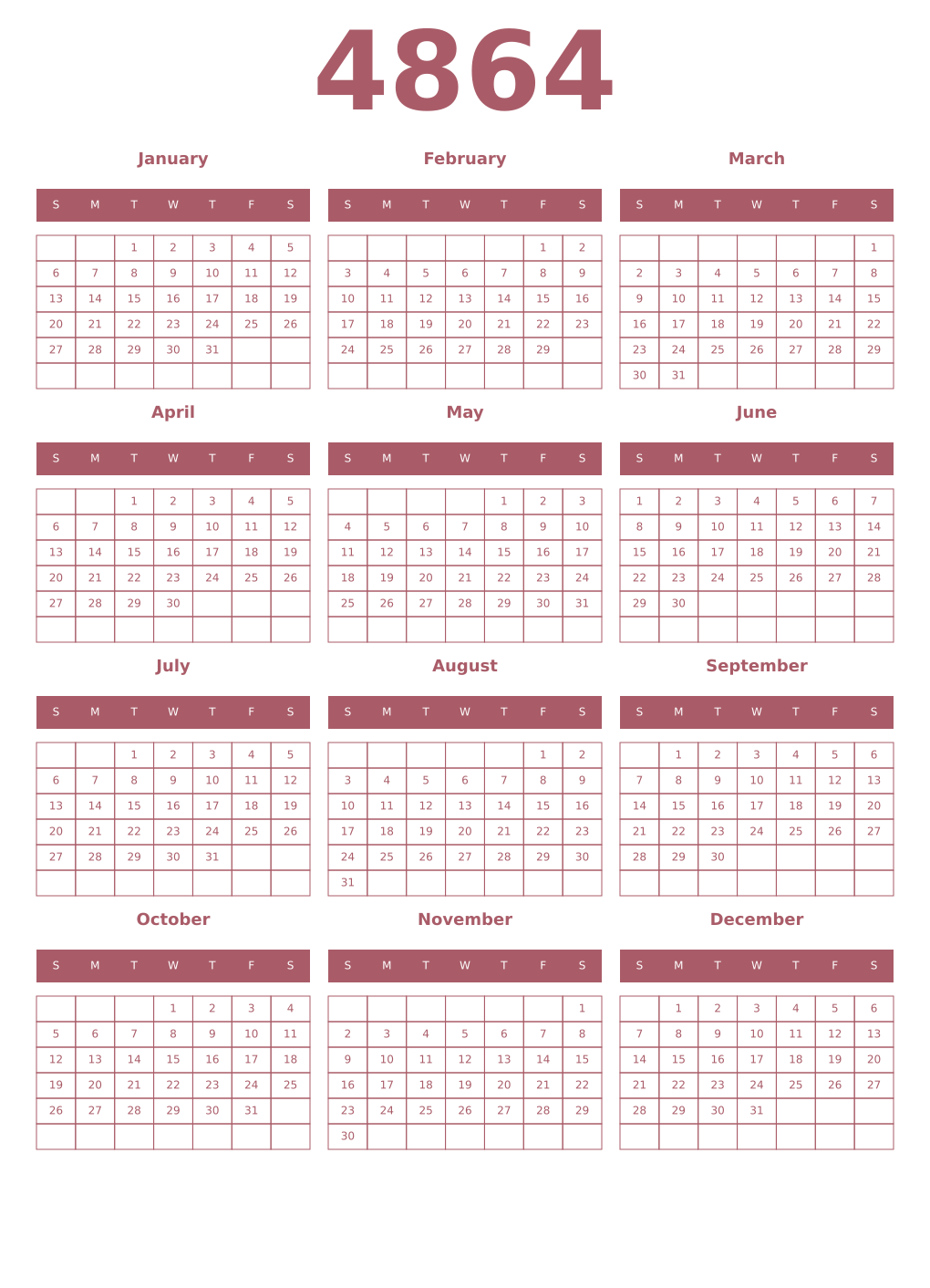 Printable 4864 Year Calendars puce