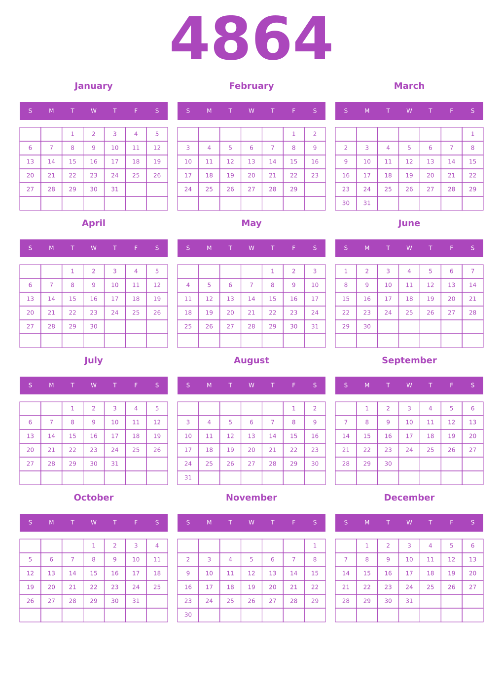 Printable 4864 Year Calendars purple