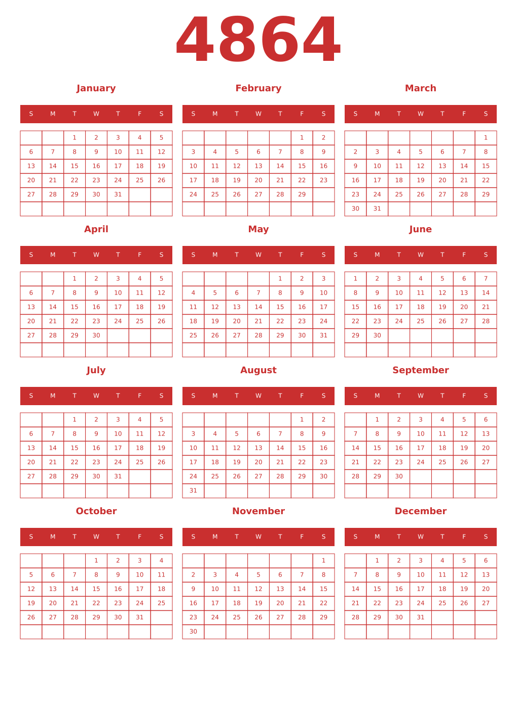 Printable 4864 Year Calendars red
