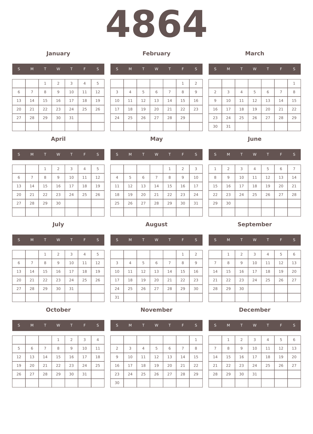 Printable 4864 Year Calendars wenge
