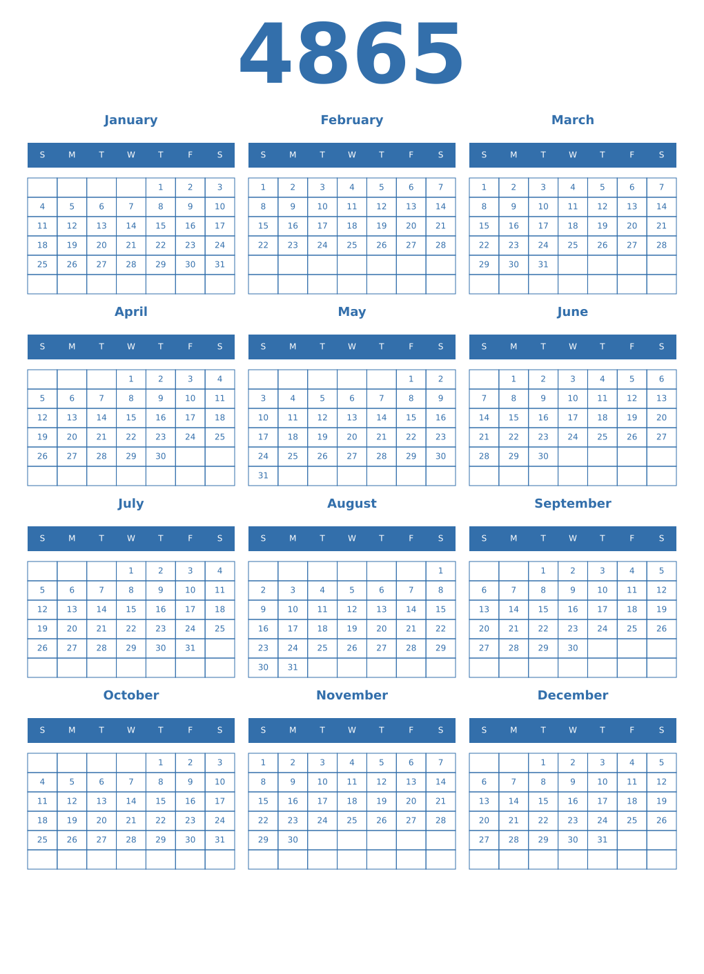 Printable 4865 Year Calendars blue