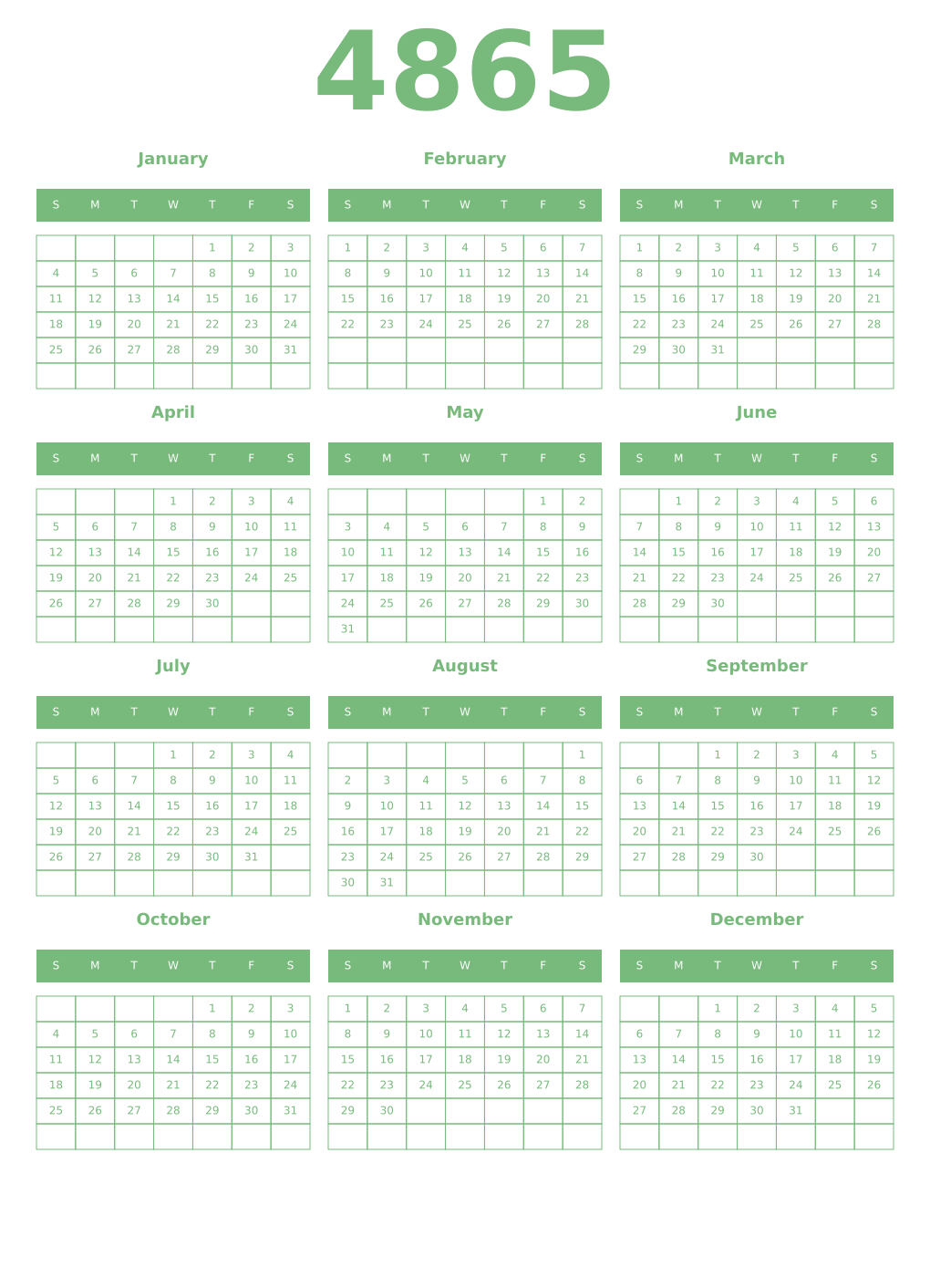 Printable 4865 Year Calendars celadon