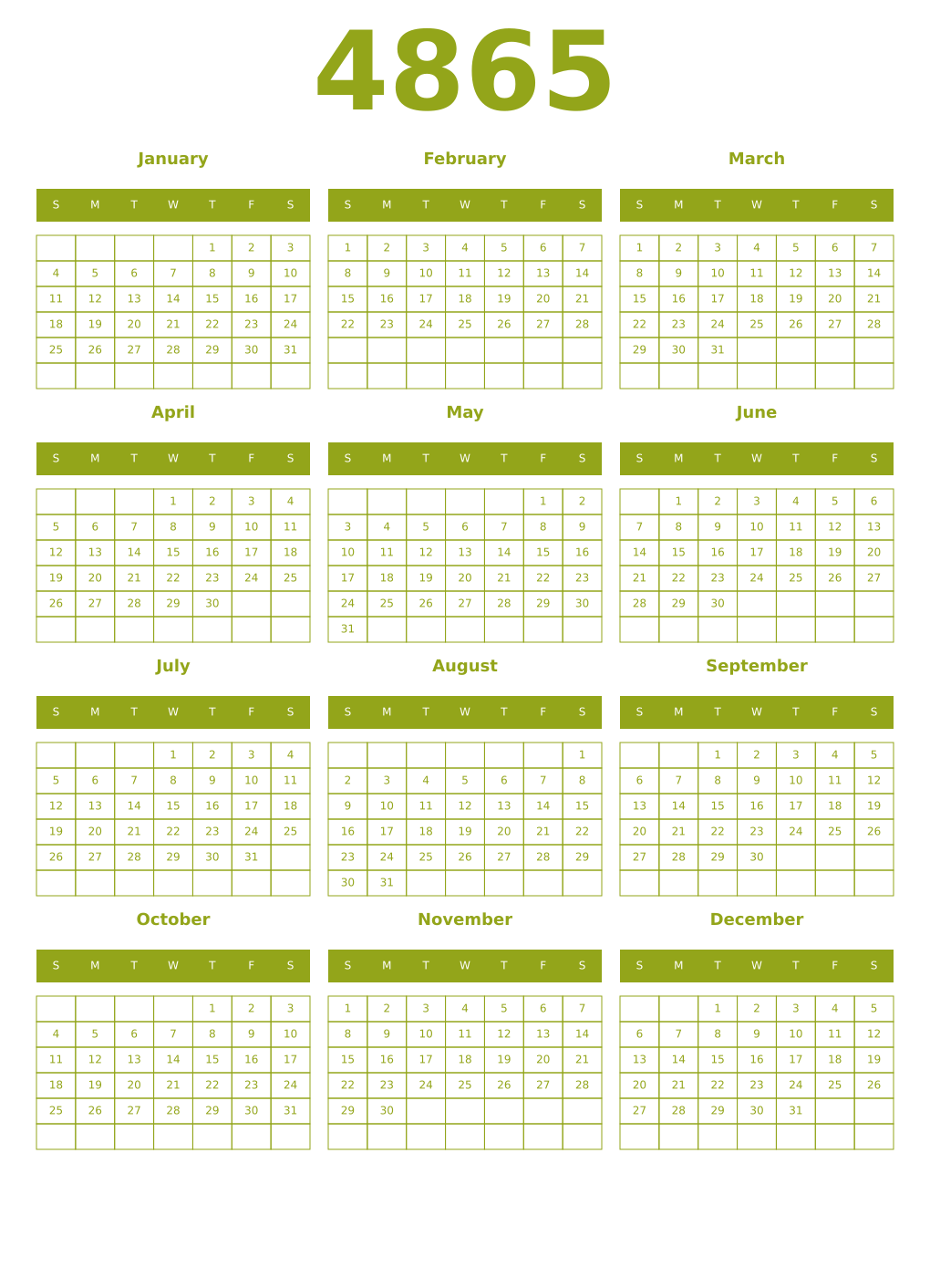 Printable 4865 Year Calendars chartreuse