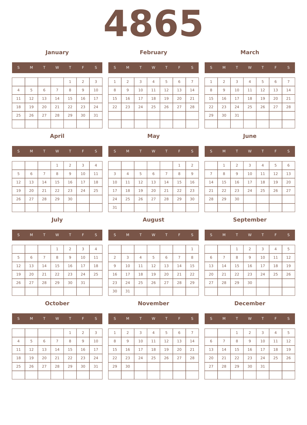 Printable 4865 Year Calendars coffe