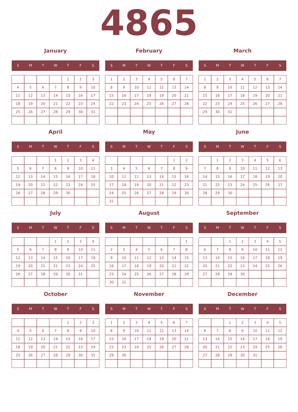 Printable 4865 Year Calendars cordovan