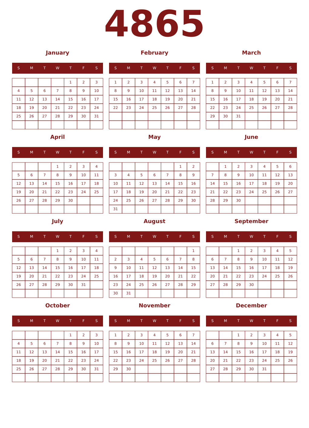 Printable 4865 Year Calendars falu