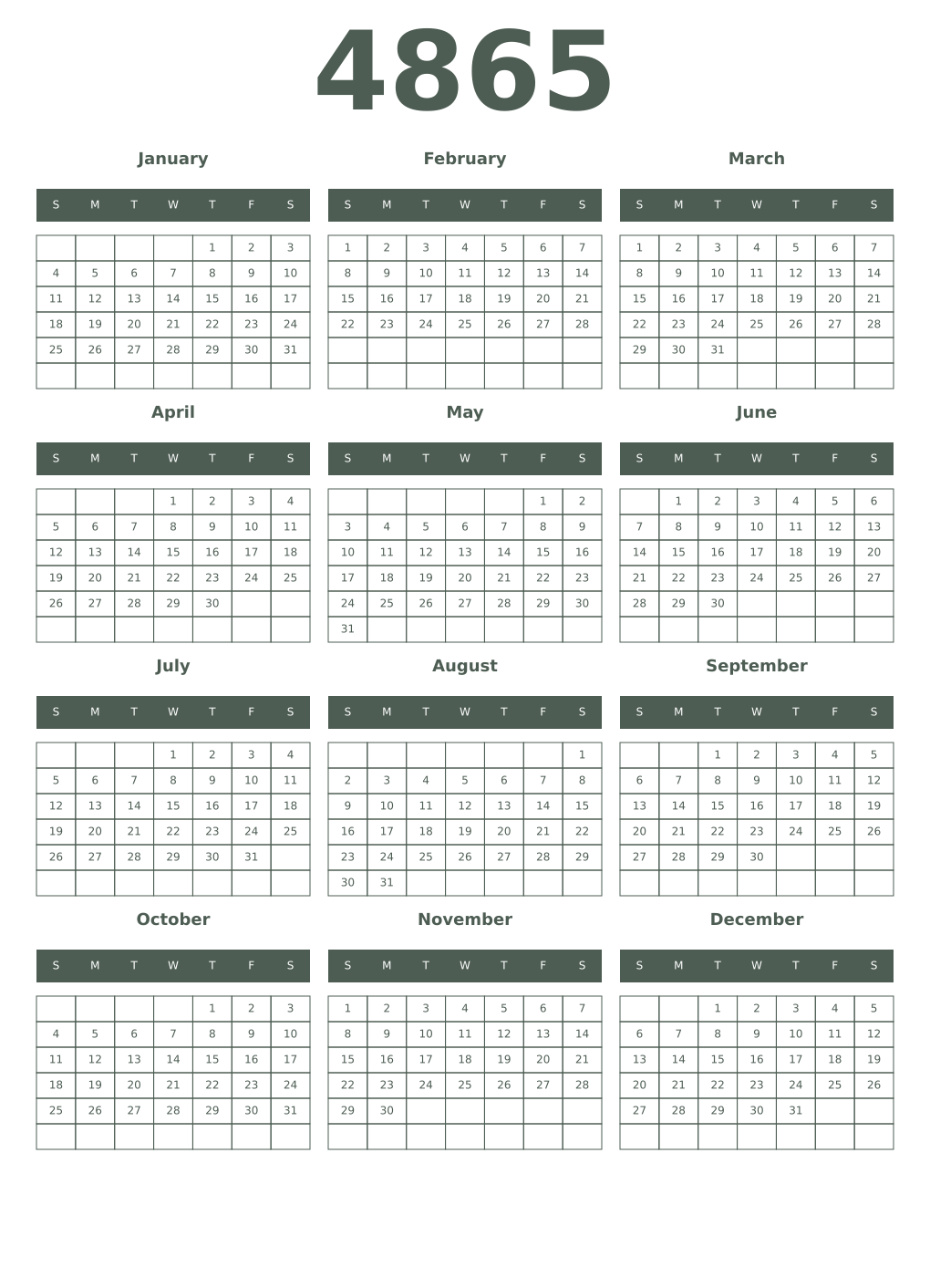 Printable 4865 Year Calendars feldgrau