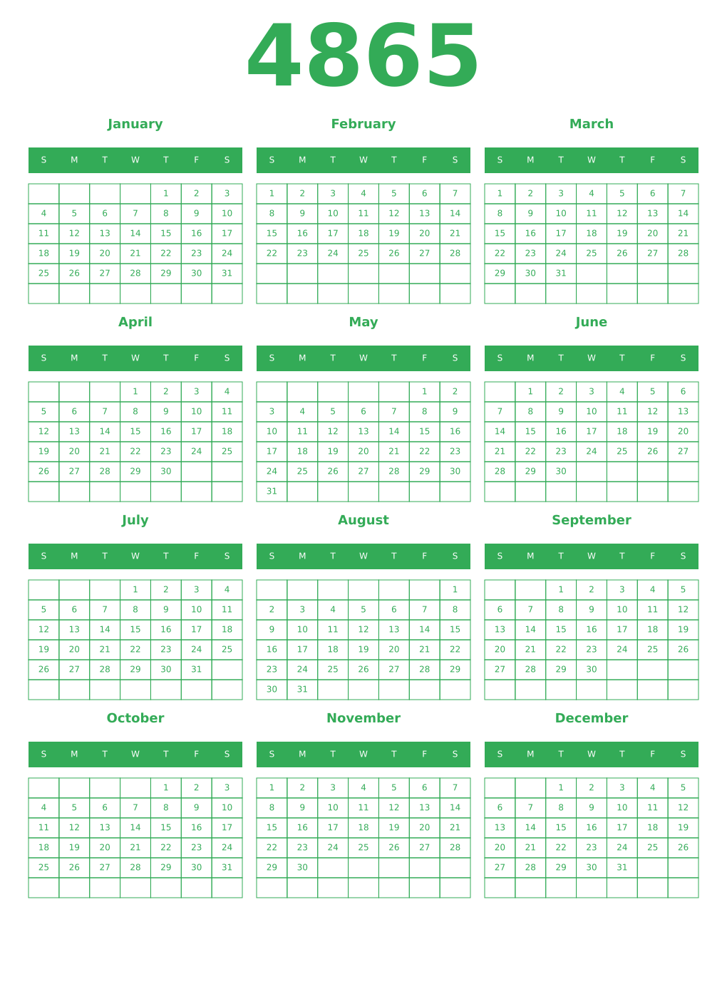 Printable 4865 Year Calendars green