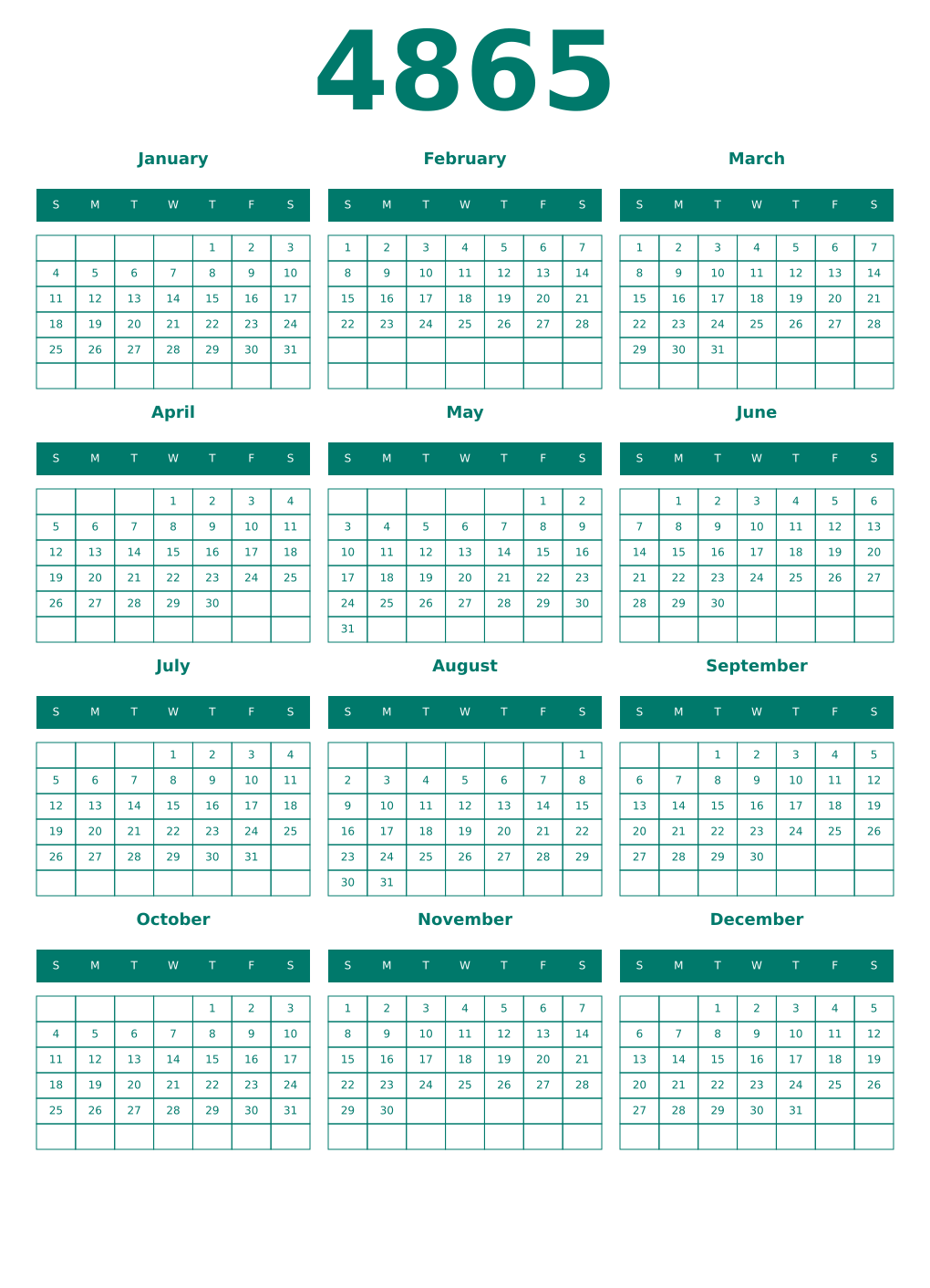 Printable 4865 Year Calendars pastel