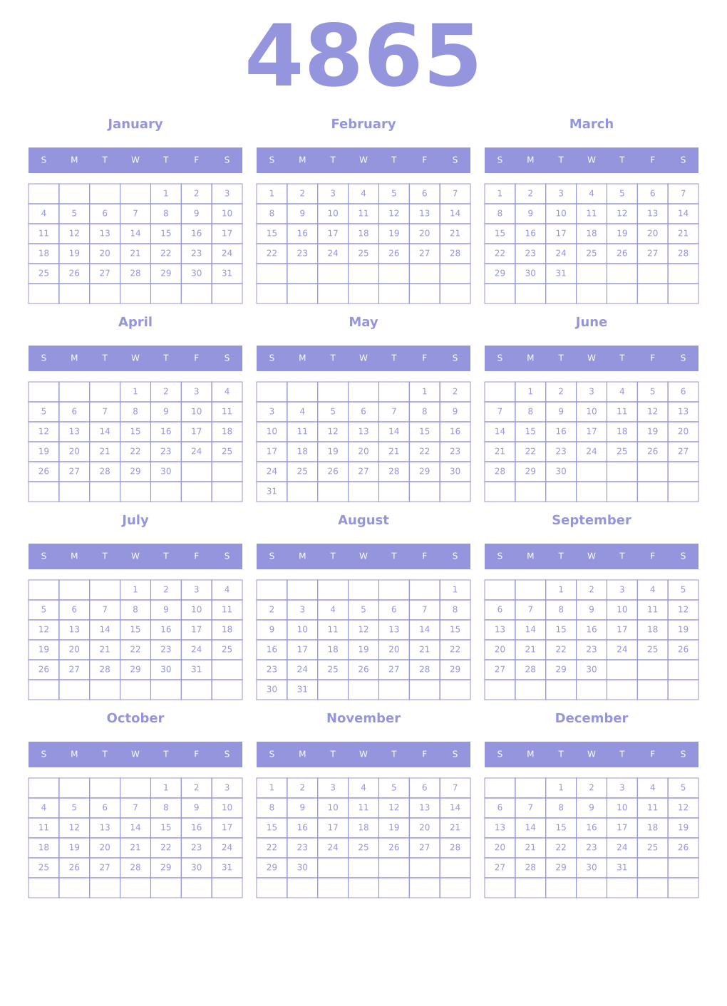 Printable 4865 Year Calendars periwinkle