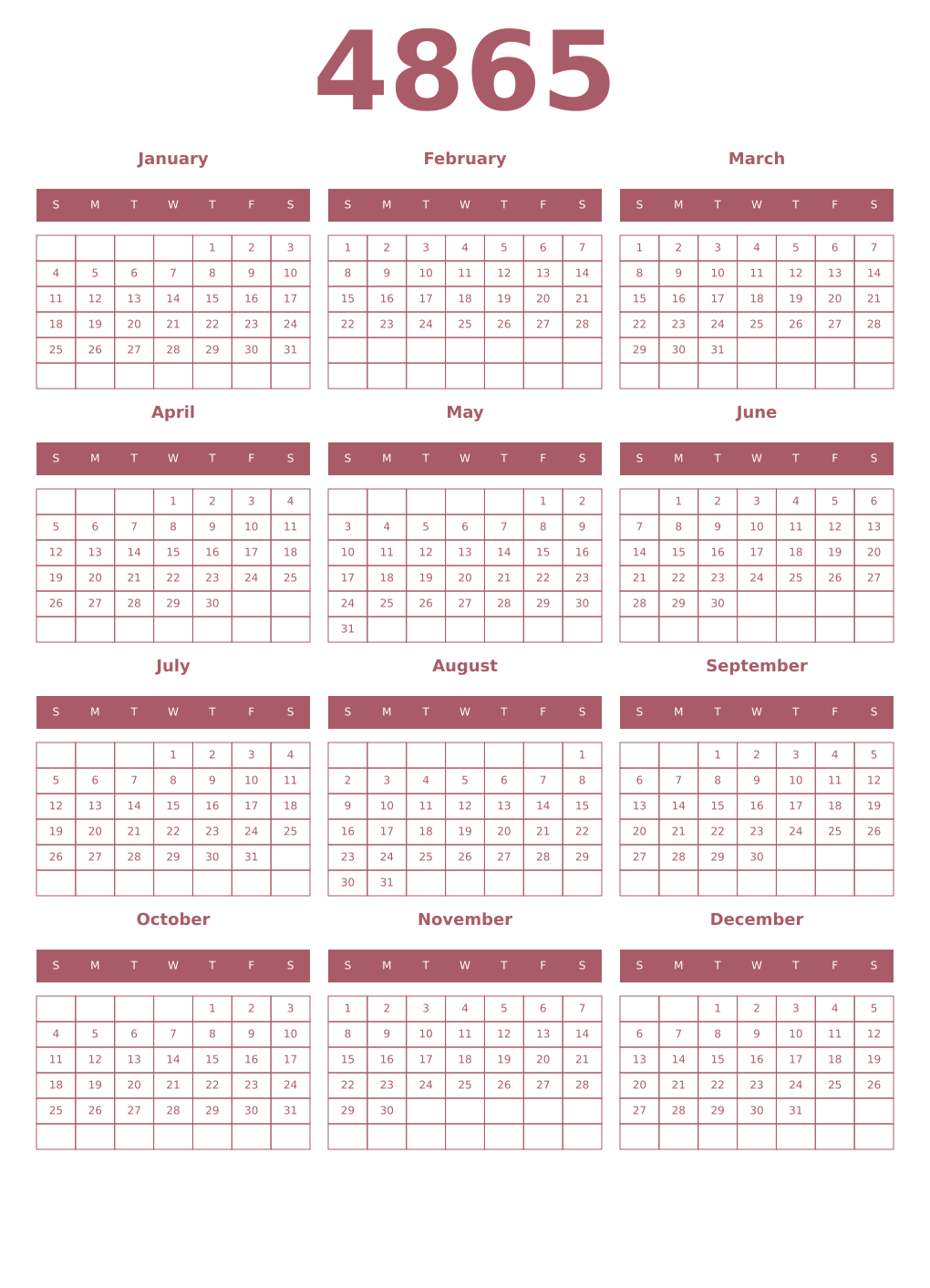 Printable 4865 Year Calendars puce