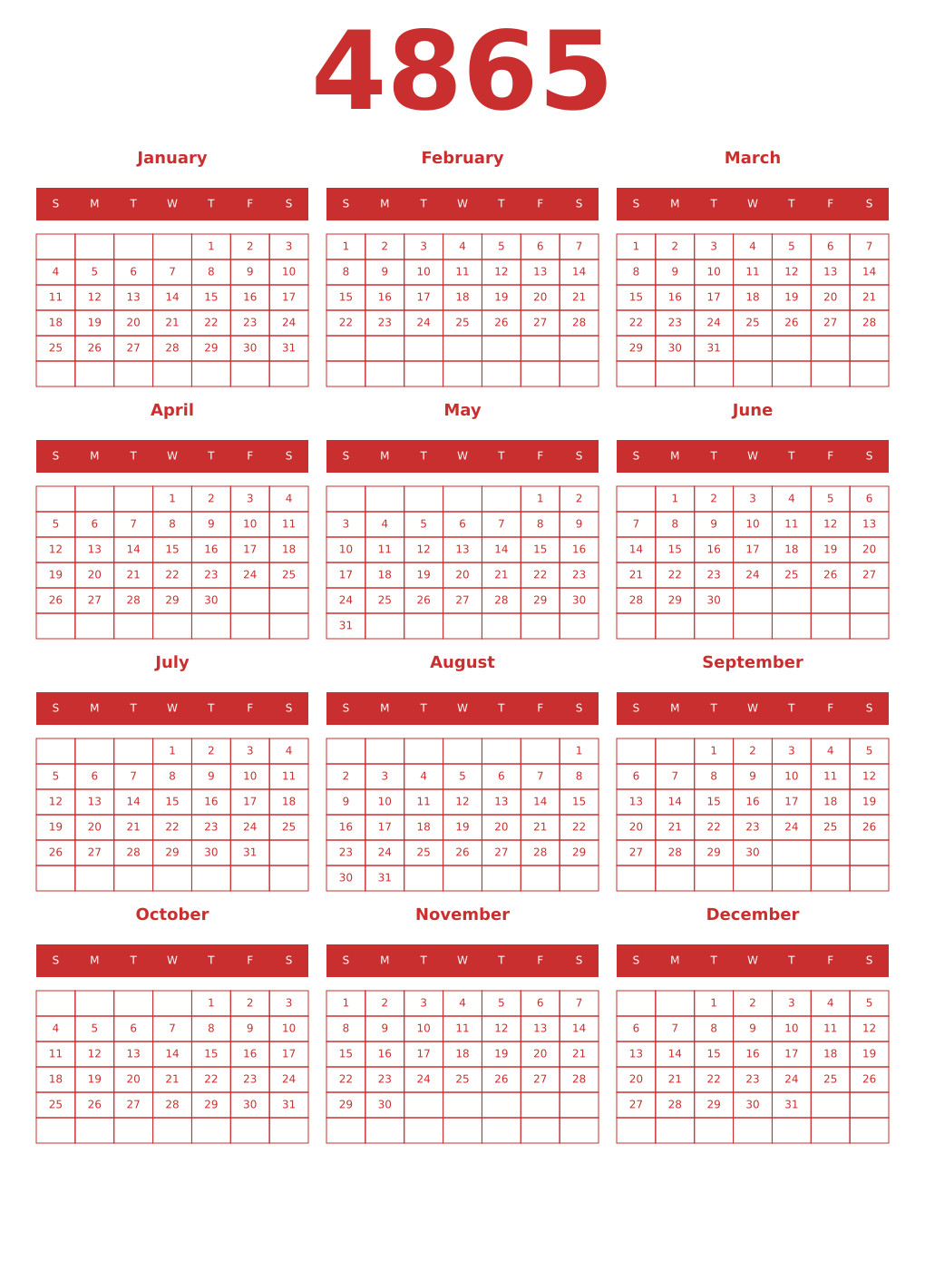 Printable 4865 Year Calendars red