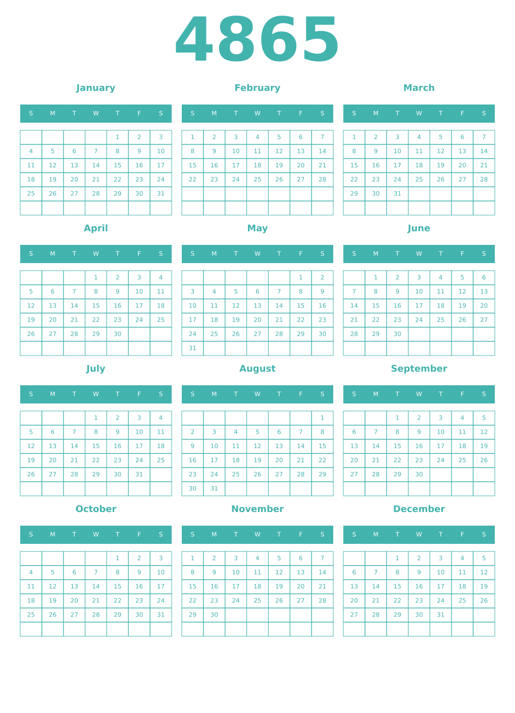 Printable 4865 Year Calendars verdigris