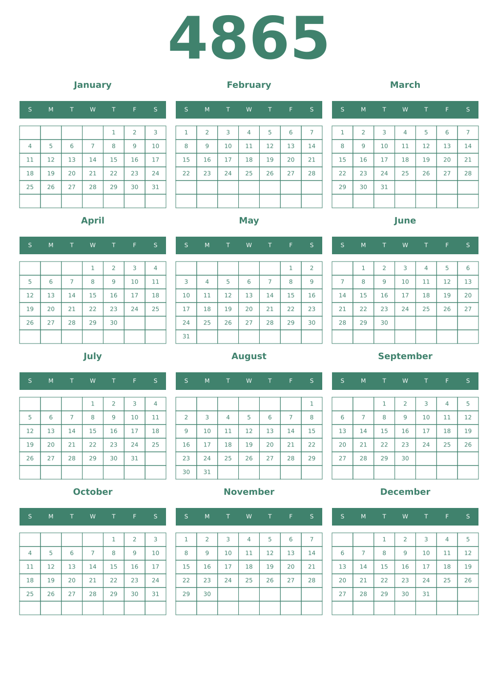 Printable 4865 Year Calendars viridian