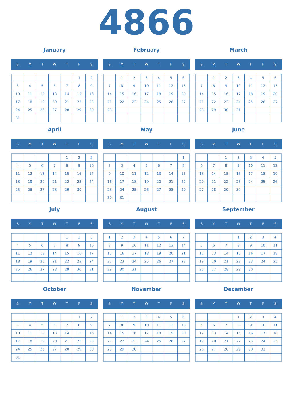 Printable 4866 Year Calendars blue