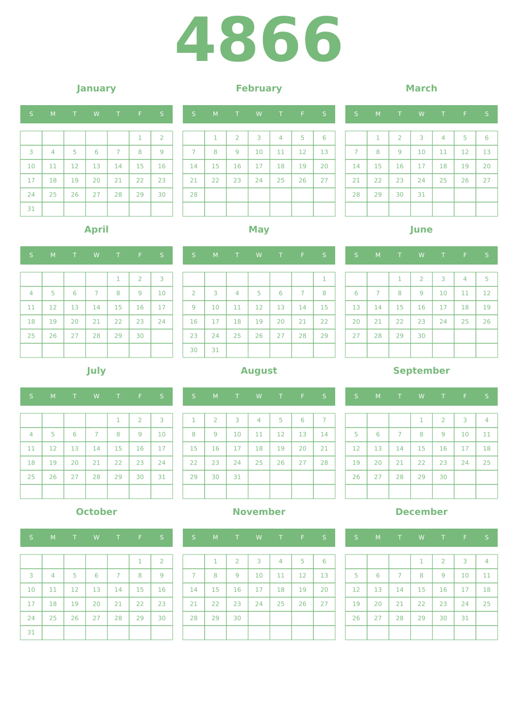 Printable 4866 Year Calendars celadon