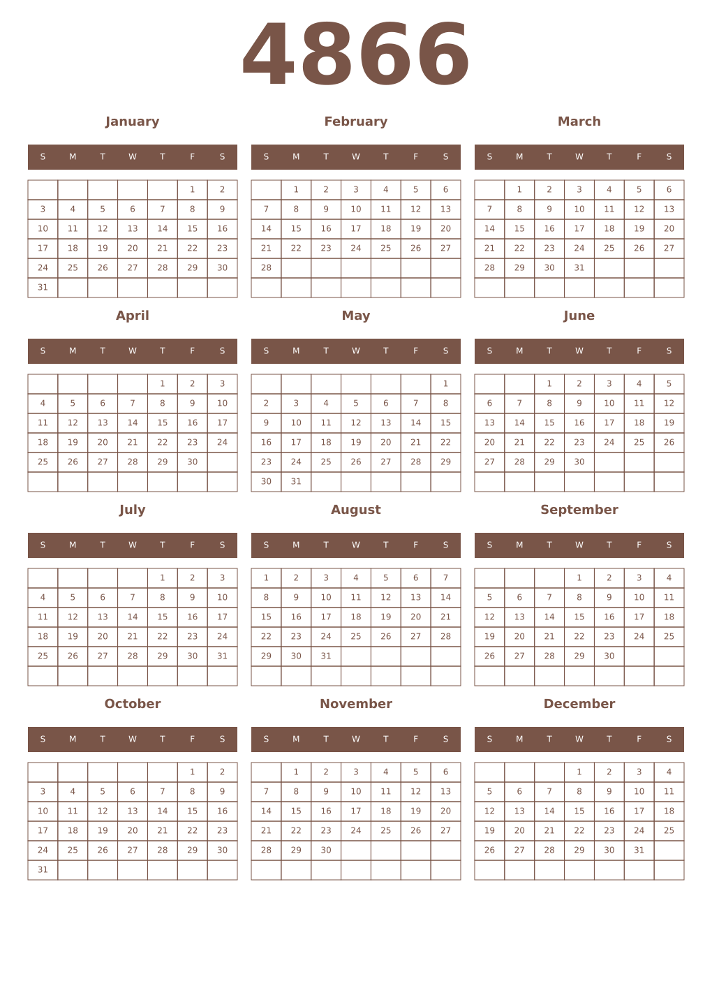 Printable 4866 Year Calendars coffe
