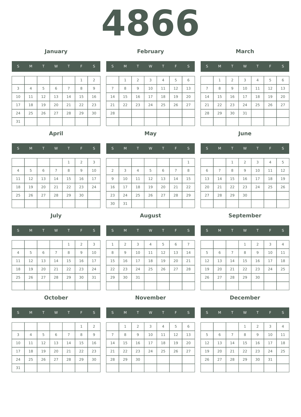 Printable 4866 Year Calendars feldgrau