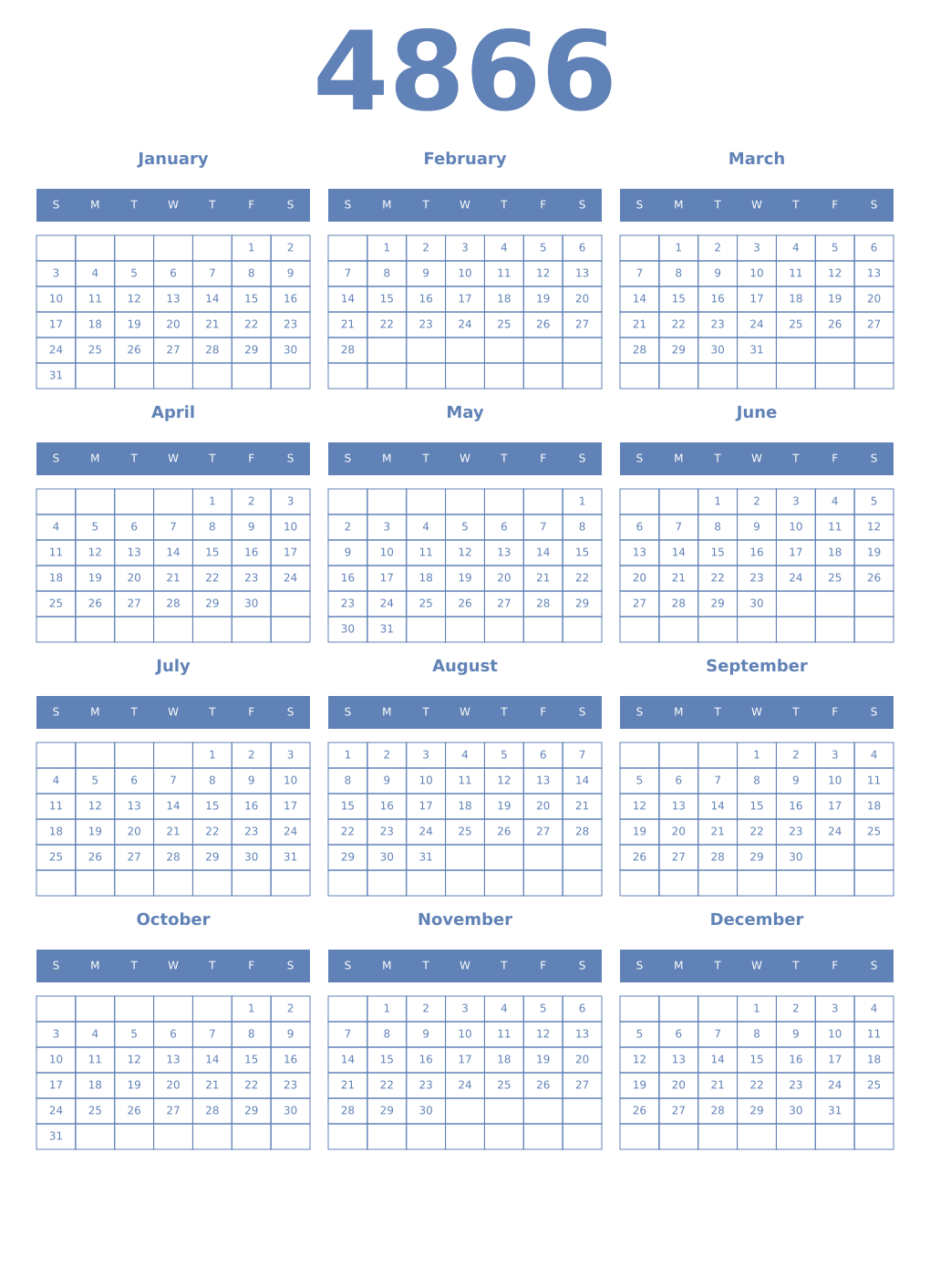 Printable 4866 Year Calendars glaucous
