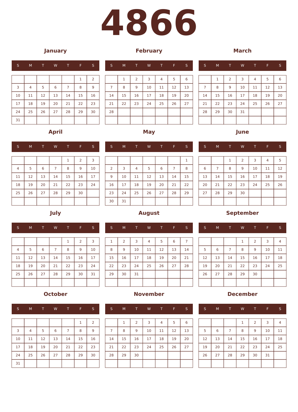 Printable 4866 Year Calendars mortuum