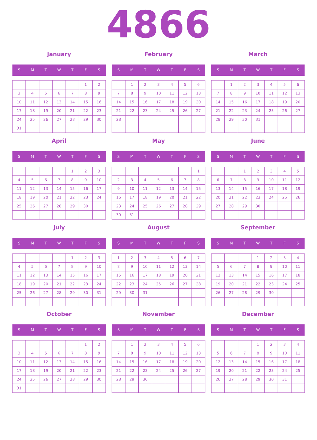 Printable 4866 Year Calendars purple