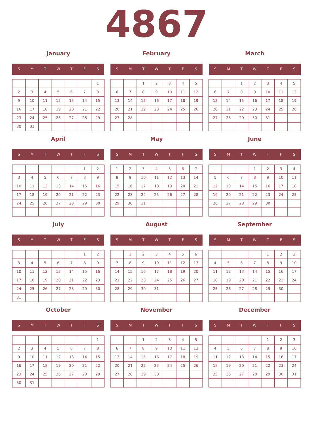 Printable 4867 Year Calendars cordovan
