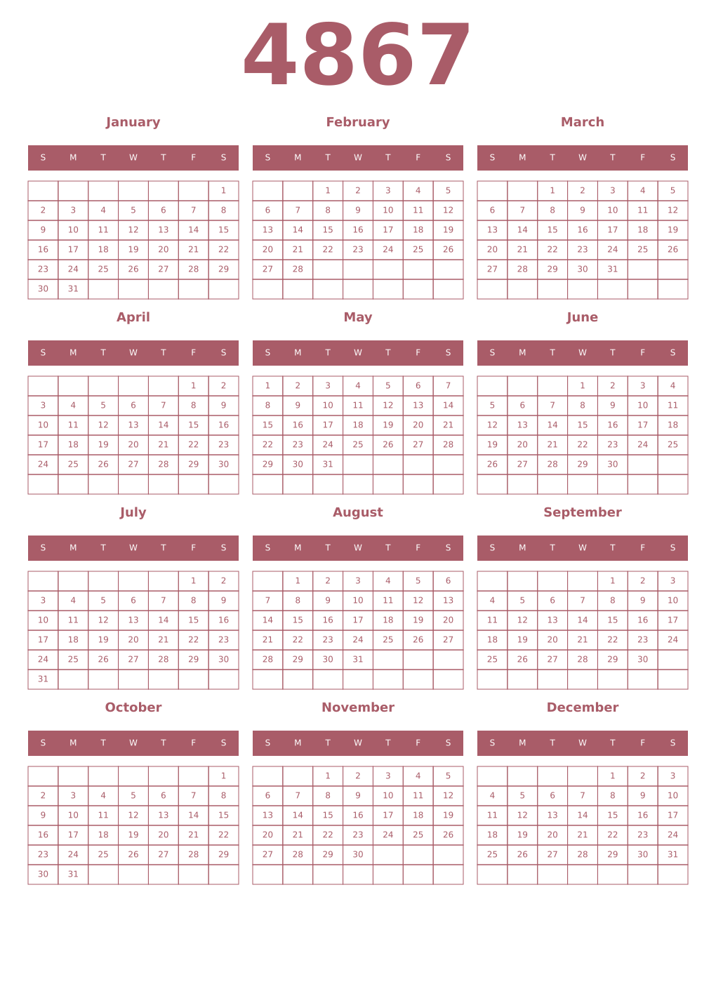 Printable 4867 Year Calendars puce