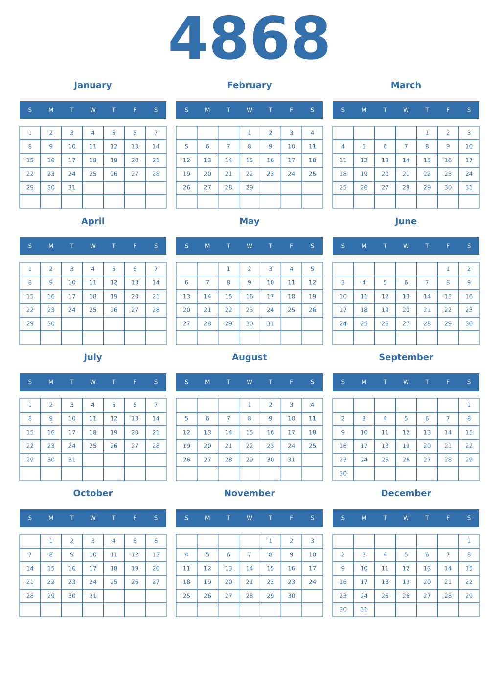 Printable 4868 Year Calendars blue
