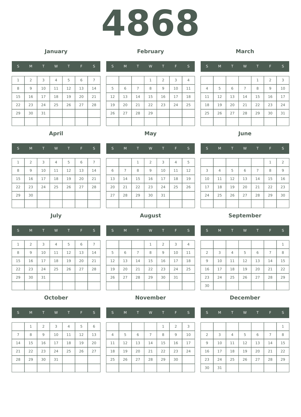 Printable 4868 Year Calendars feldgrau