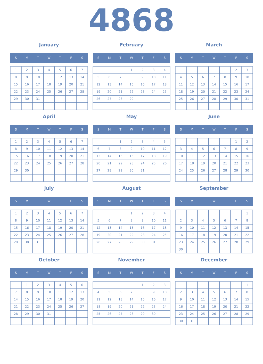 Printable 4868 Year Calendars glaucous
