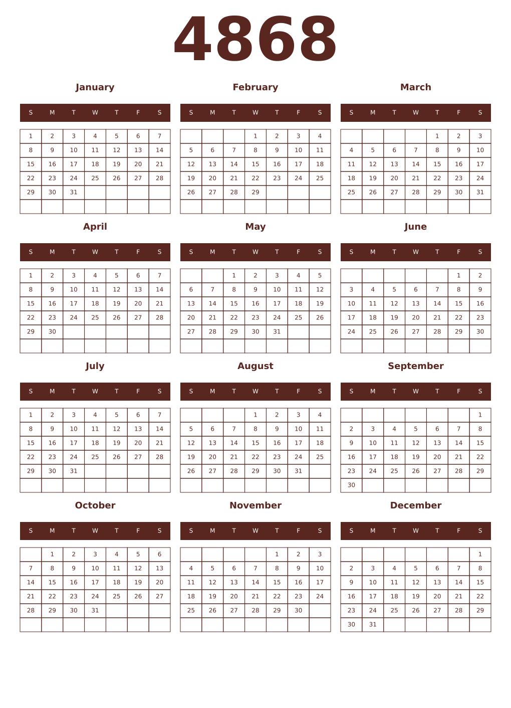Printable 4868 Year Calendars mortuum