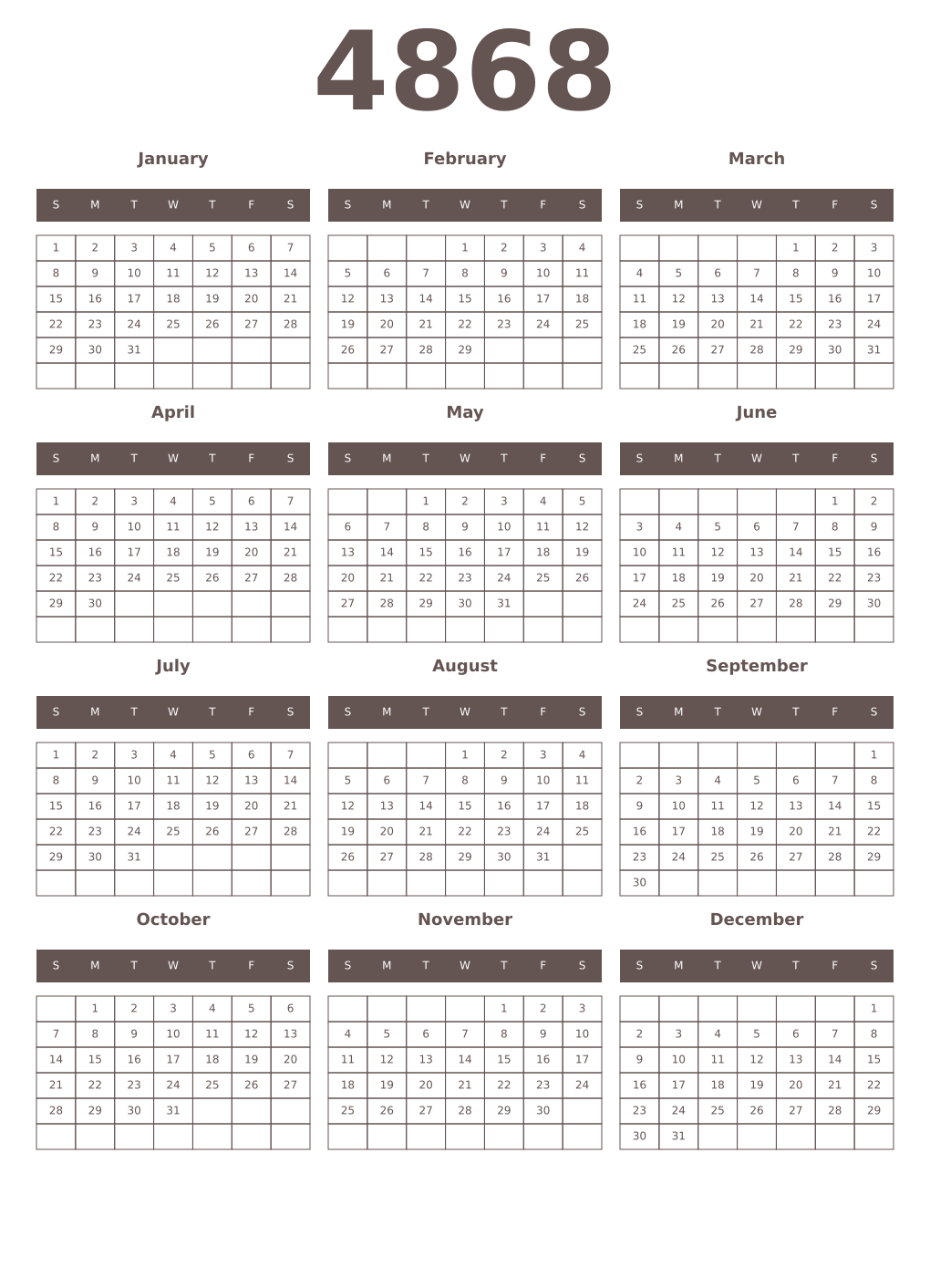Printable 4868 Year Calendars wenge