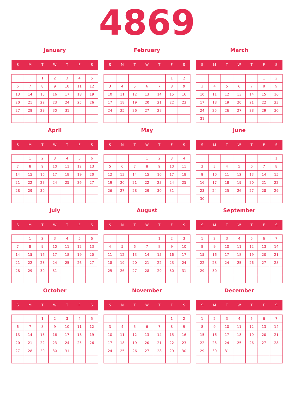 Printable 4869 Year Calendars amaranth