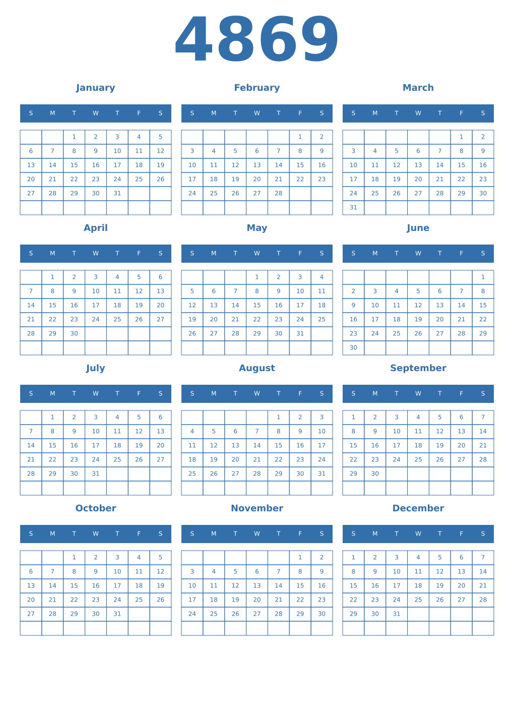 Printable 4869 Year Calendars blue